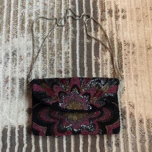 La Regale Black and Pink Floral Beaded Clutch